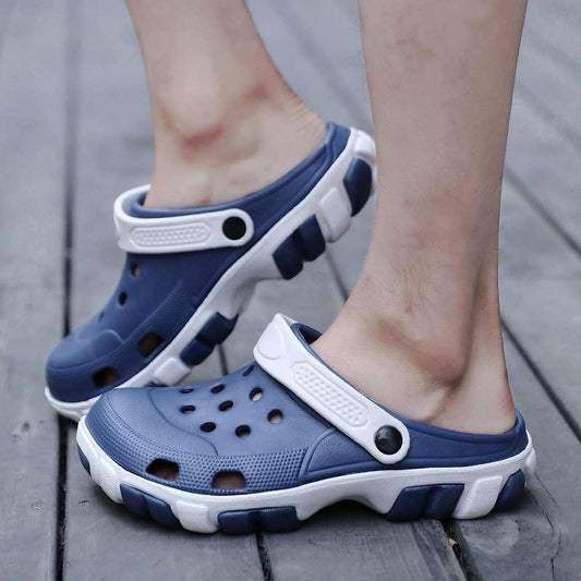 Stevvex men's blue slip-on garden sandals with ventilation holes and white adjustable strap on Tampa Home & Garden Store