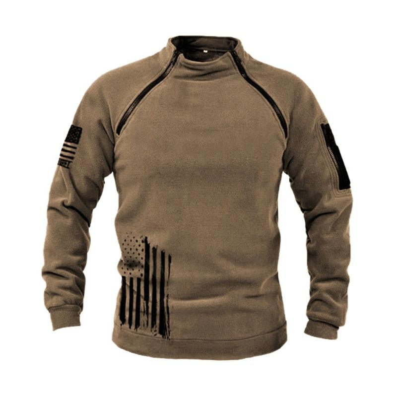 Men's tan fleece jacket by Stevvex; lightweight tactical outdoor coat with black print on Tampa Home & Garden Store