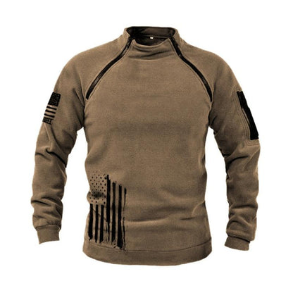 Men's tan fleece jacket by Stevvex; lightweight tactical outdoor coat with black print on Tampa Home & Garden Store