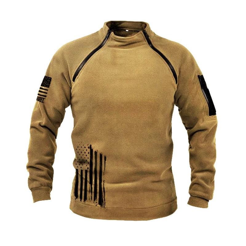 Stevvex tan fleece jacket with black zippers, windproof design and flag graphic on Tampa Home & Garden Store