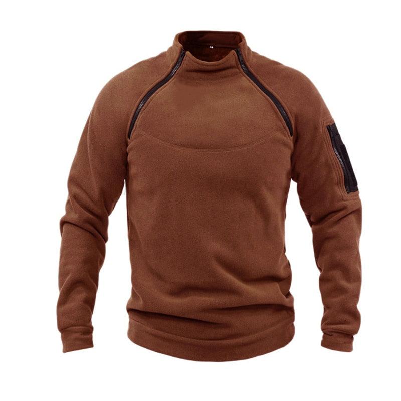 Men's brown winter fleece jacket by Stevvex, windproof outdoor coat with zip sleeve pocket on Tampa Home & Garden Store