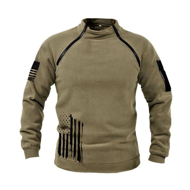 Stevvex men's khaki fleece jacket with diagonal black zip chest panels and US flag print on Tampa Home & Garden Store