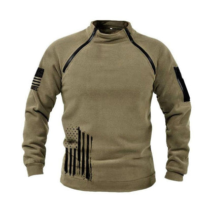 Stevvex men's khaki fleece jacket with diagonal black zip chest panels and US flag print on Tampa Home & Garden Store