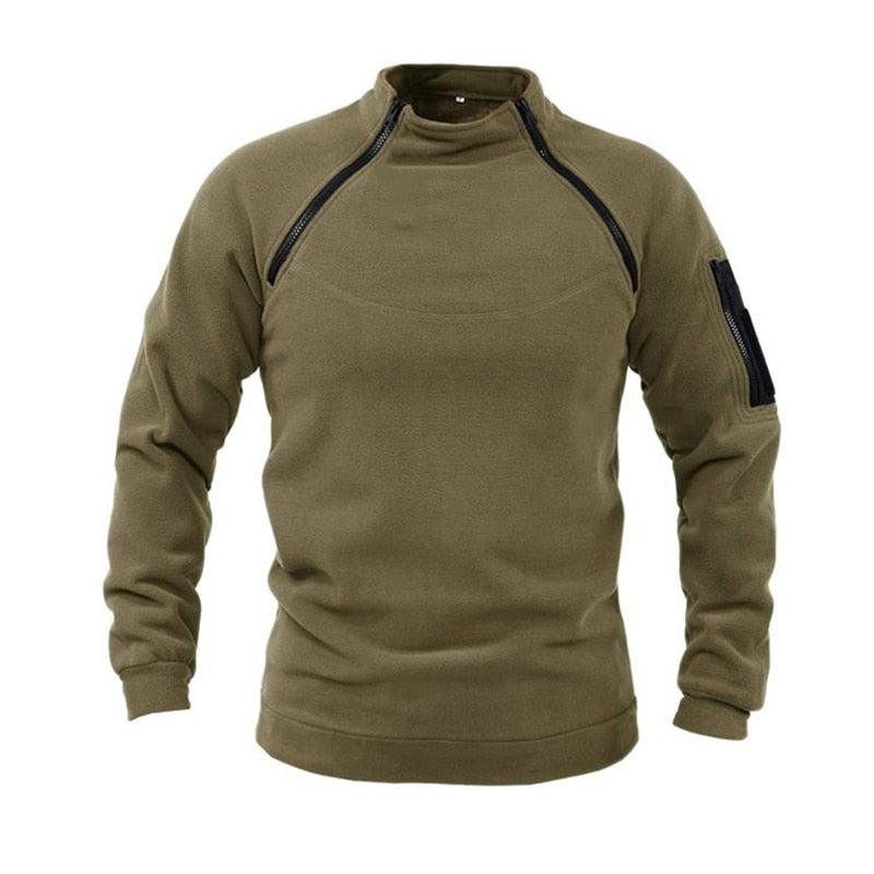 Men's olive green Stevvex fleece jacket with black zip accents and sleeve pocket on Tampa Home & Garden Store