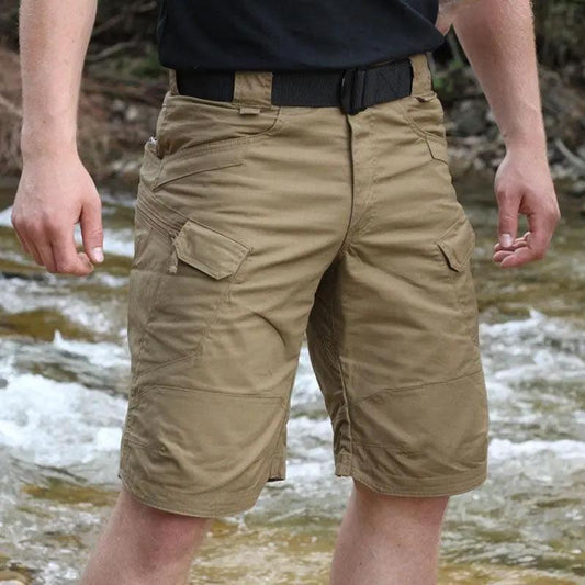 Stevvex men's khaki cargo shorts with multiple pockets and belt for rugged outdoor use on Tampa Home & Garden Store