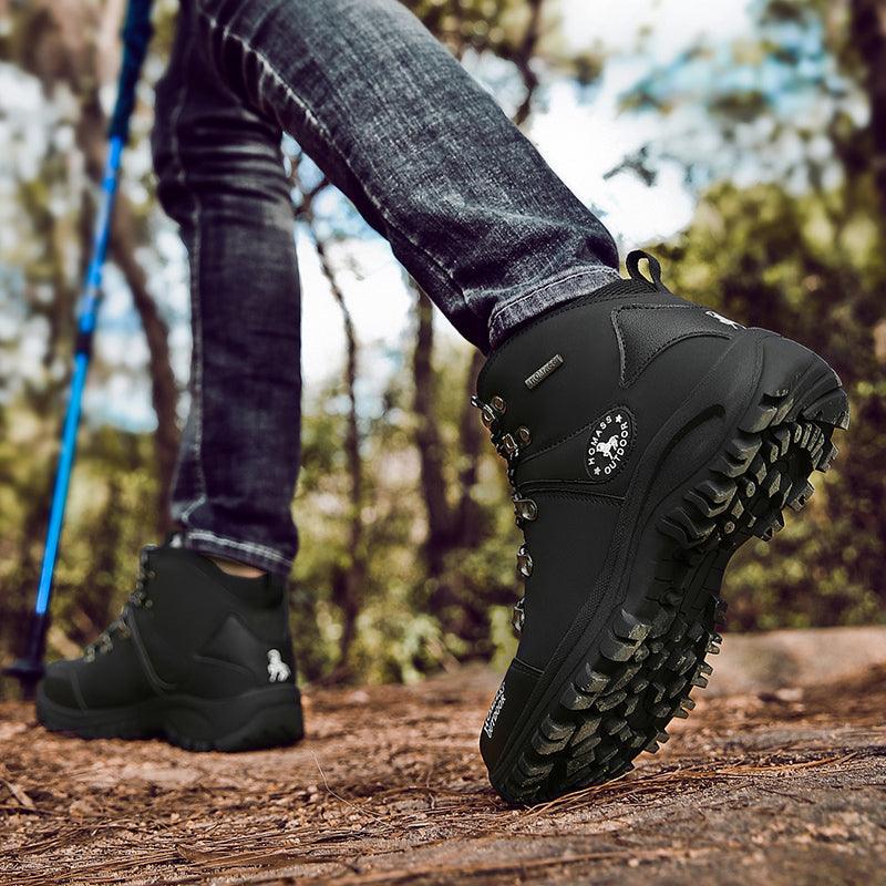 Stevvex men's black waterproof hiking boots with rugged outsole on Tampa Home & Garden Store