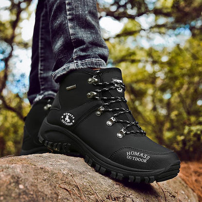 Men's black leather hiking boots with metal eyelets and rugged outsole by HOMASS OUTDOOR on Tampa Home & Garden Store