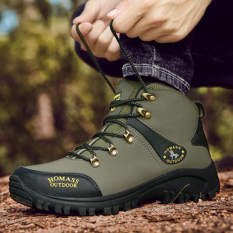 Hiking boot HOMASS OUTDOOR olive green leather upper black toe cap metal eyelets rugged outsole on Tampa Home & Garden Store