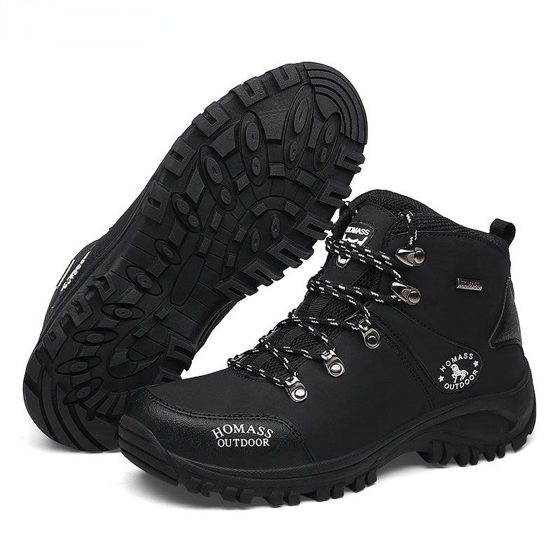 Men's black leather hiking boots with rugged lug outsole, waterproof, lace-up, Homass Outdoor on Tampa Home & Garden Store