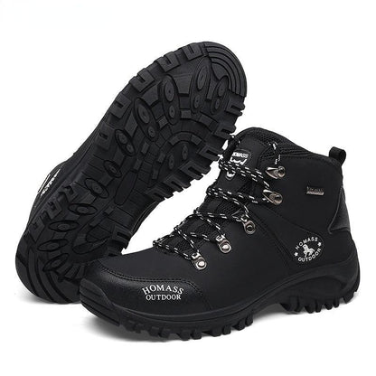 Men's black leather hiking boots with rugged lug outsole, waterproof, lace-up, Homass Outdoor on Tampa Home & Garden Store