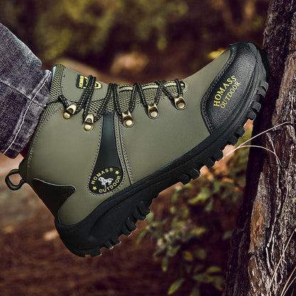 Men's olive green waterproof hiking boot with black lug sole and metal eyelets Homass Outdoor on Tampa Home & Garden Store