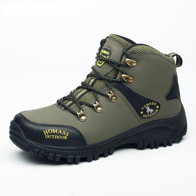 Men's olive green leather hiking boots with black outsole eyelets HOMASS OUTDOOR patches on Tampa Home & Garden Store