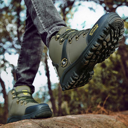 Stevvex olive green leather waterproof hiking boot with rugged outsole on Tampa Home & Garden Store