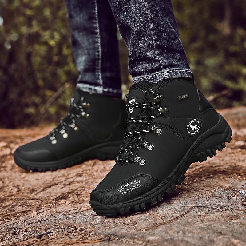 Stevvex men's black waterproof hiking boots with metal eyelets and rugged outsole on Tampa Home & Garden Store