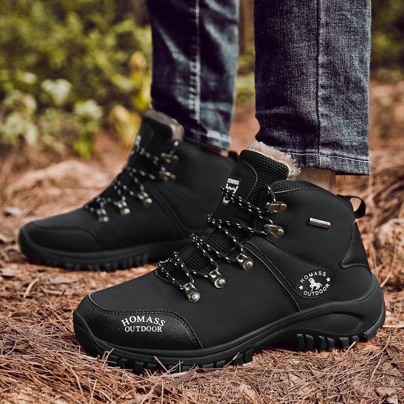 Men's black waterproof hiking boots with Homass Outdoor logo rugged outsole on Tampa Home & Garden Store