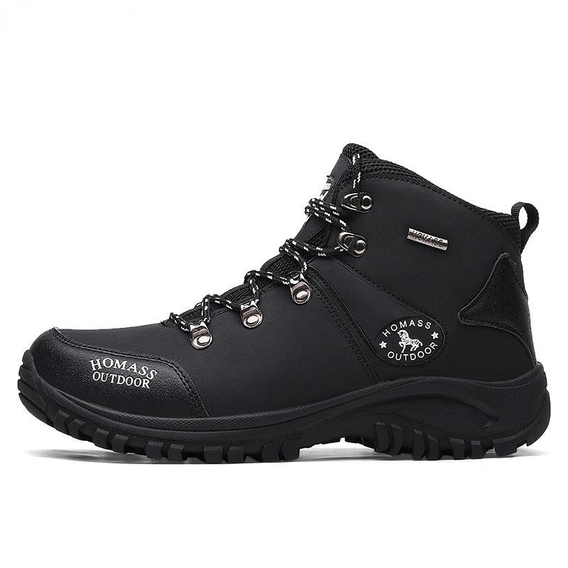 Black leather hiking boot with HOMASS OUTDOOR patch, metal lace hooks, rugged outsole on Tampa Home & Garden Store