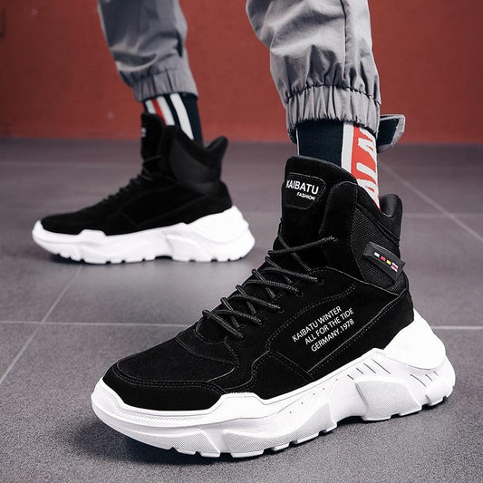 Men's high-top sneakers black suede mesh upper, white chunky rubber sole, KAIBATU branding on Tampa Home & Garden Store