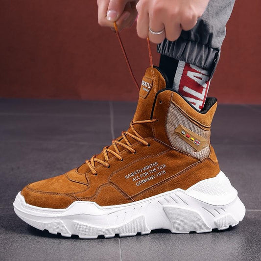 Stevvex men's brown suede high-top sneakers with mesh panel and chunky rubber sole on Tampa Home & Garden Store