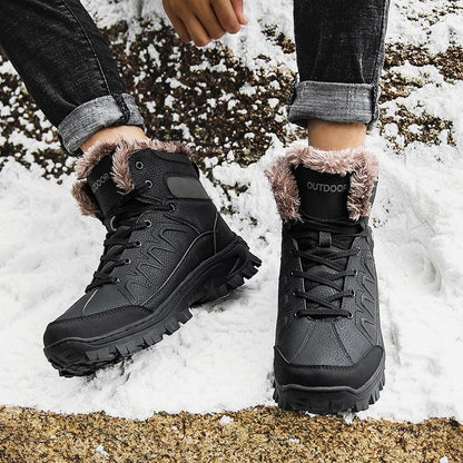 Stevvex gray winter boots waterproof leather fur lining mid calf non-slip sole; 2 shown on Tampa Home & Garden Store