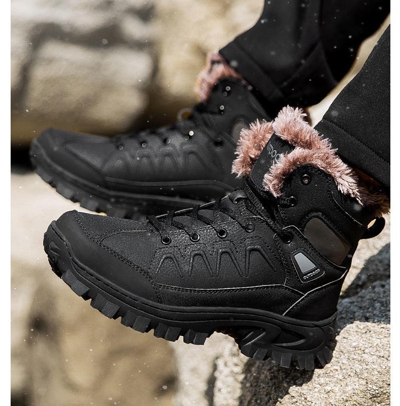 Stevvex men's black winter snow boots waterproof leather fur-lined pair with rugged outsole on Tampa Home & Garden Store