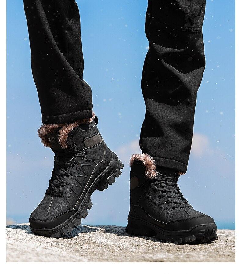 Stevvex Men Winter Snow Boots Black Waterproof Leather Fur-Lined Mid-Calf with Outsole Pair on Tampa Home & Garden Store