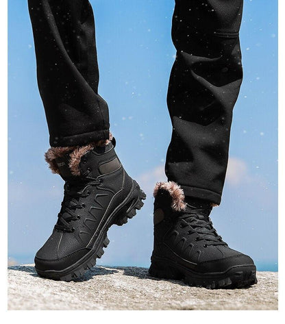 Stevvex Men Winter Snow Boots Black Waterproof Leather Fur-Lined Mid-Calf with Outsole Pair on Tampa Home & Garden Store