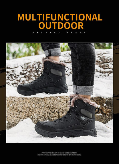 Stevvex men's winter snow boots pair, black waterproof leather, fur-lined, non-slip sole on Tampa Home & Garden Store