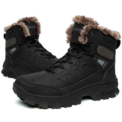 Stevvex men's winter snow boots, black leather, full fur lining, waterproof, non-slip sole, pair on Tampa Home & Garden Store