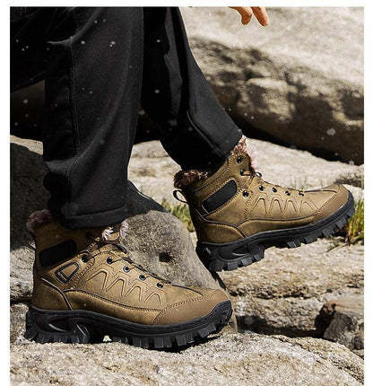 Stevvex men's winter boots brown waterproof leather fur-lined hiking pair rugged outsole on Tampa Home & Garden Store