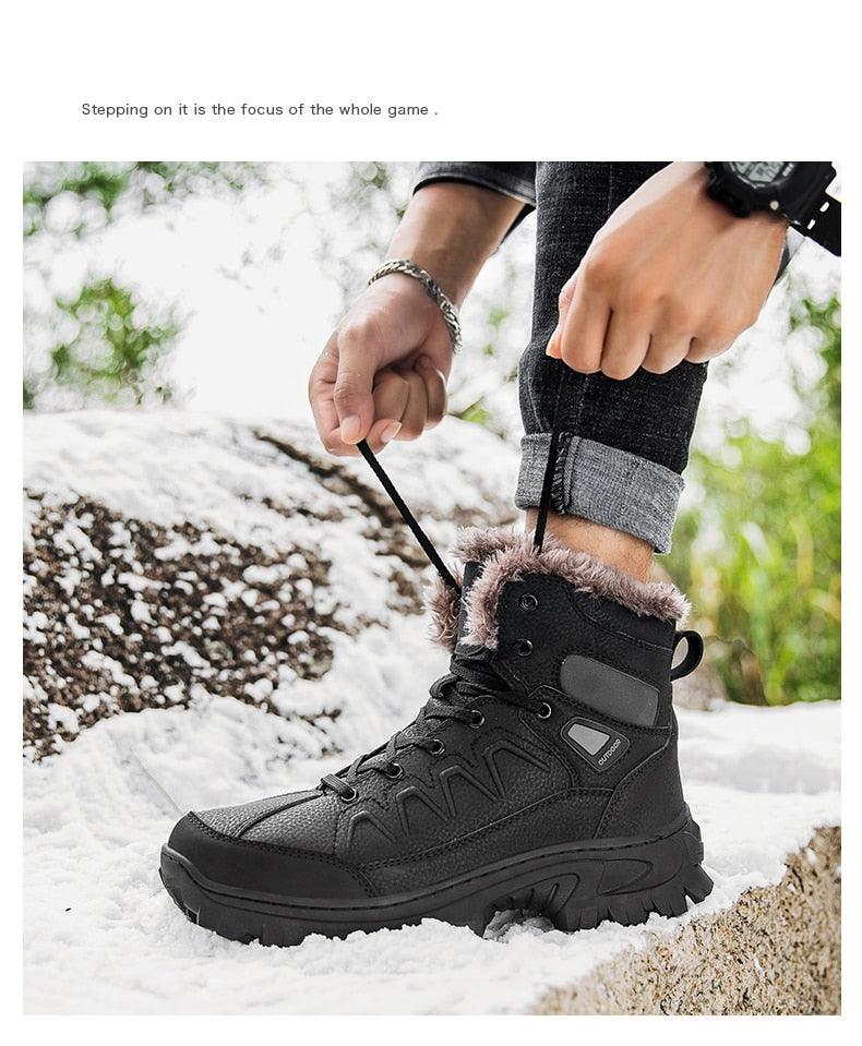 Stevvex black winter boots waterproof leather mid-calf hiking boot with fur lining on snow on Tampa Home & Garden Store