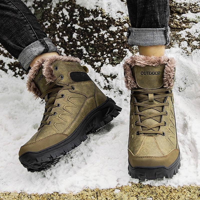 Men's Stevvex winter snow boots waterproof leather with fur lining olive-brown mid-calf pair on Tampa Home & Garden Store