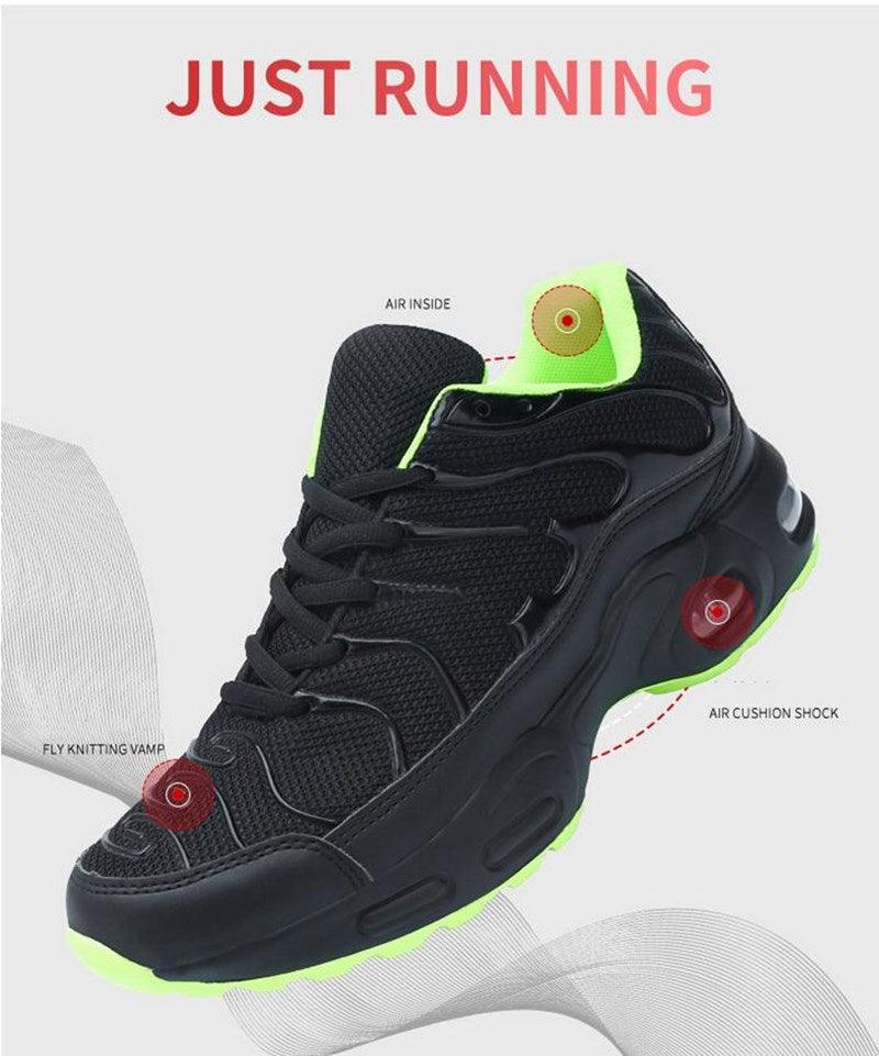 Stevvex men's air cushion mesh running shoe black upper neon lime sole breathable sneaker on Tampa Home & Garden Store