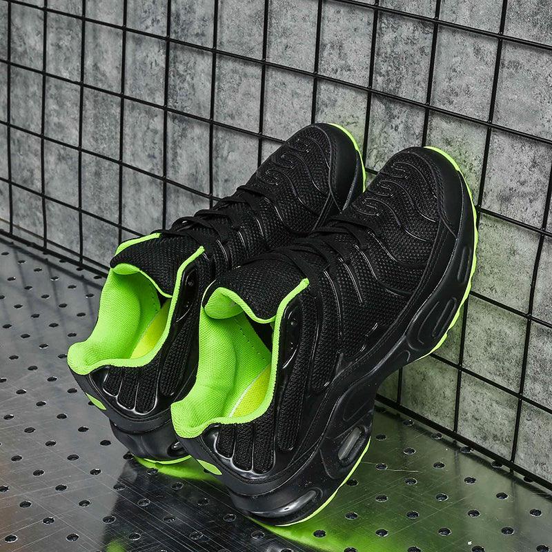 Stevvex men's air cushion mesh running shoes, black with neon green lining, athletic sneakers on Tampa Home & Garden Store