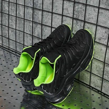 Stevvex men's air cushion mesh running shoes, black with neon green lining, athletic sneakers on Tampa Home & Garden Store