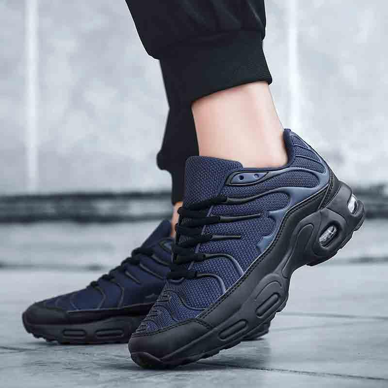 Stevvex mens air cushion mesh running shoes navy mesh upper black sole athletic sneakers on Tampa Home & Garden Store