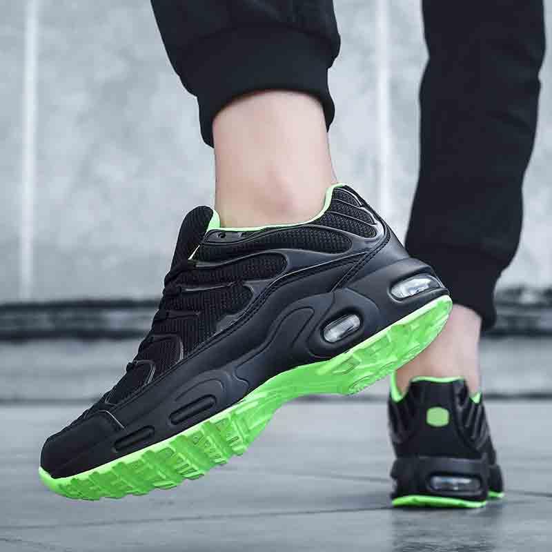 Mens Stevvex air cushion mesh running shoes in black with neon green sole and lime lining on Tampa Home & Garden Store