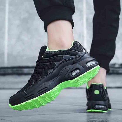 Mens Stevvex air cushion mesh running shoes in black with neon green sole and lime lining on Tampa Home & Garden Store