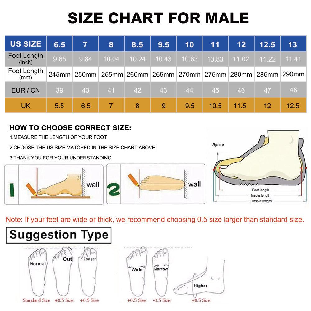Mens Air Cushion Mesh Breathable Running Shoes Stevvex size chart and foot measurement guide on Tampa Home & Garden Store