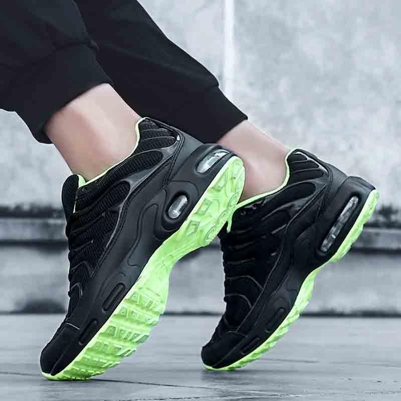 Stevvex Mens air cushion mesh running shoes black with neon green sole athletic sneakers on Tampa Home & Garden Store