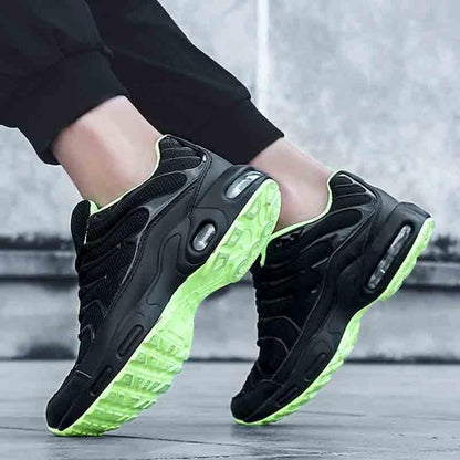 Stevvex Mens air cushion mesh running shoes black with neon green sole athletic sneakers on Tampa Home & Garden Store