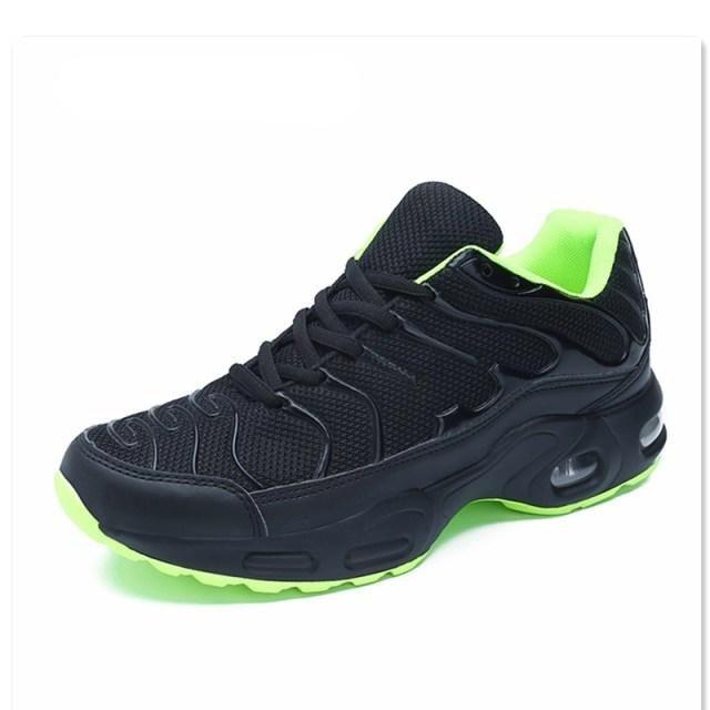 Mens Stevvex air cushion mesh running shoe with black upper and neon lime sole on Tampa Home & Garden Store