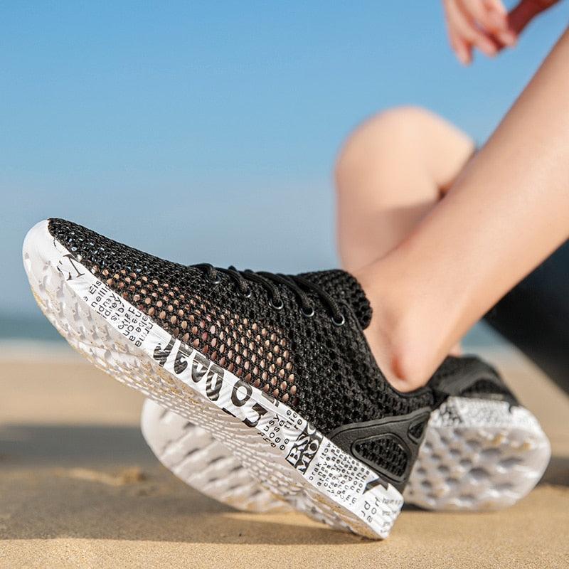 Stevvex Aqua Water Shoes black mesh upper quick-dry non-slip athletic footwear with white sole on Tampa Home & Garden Store