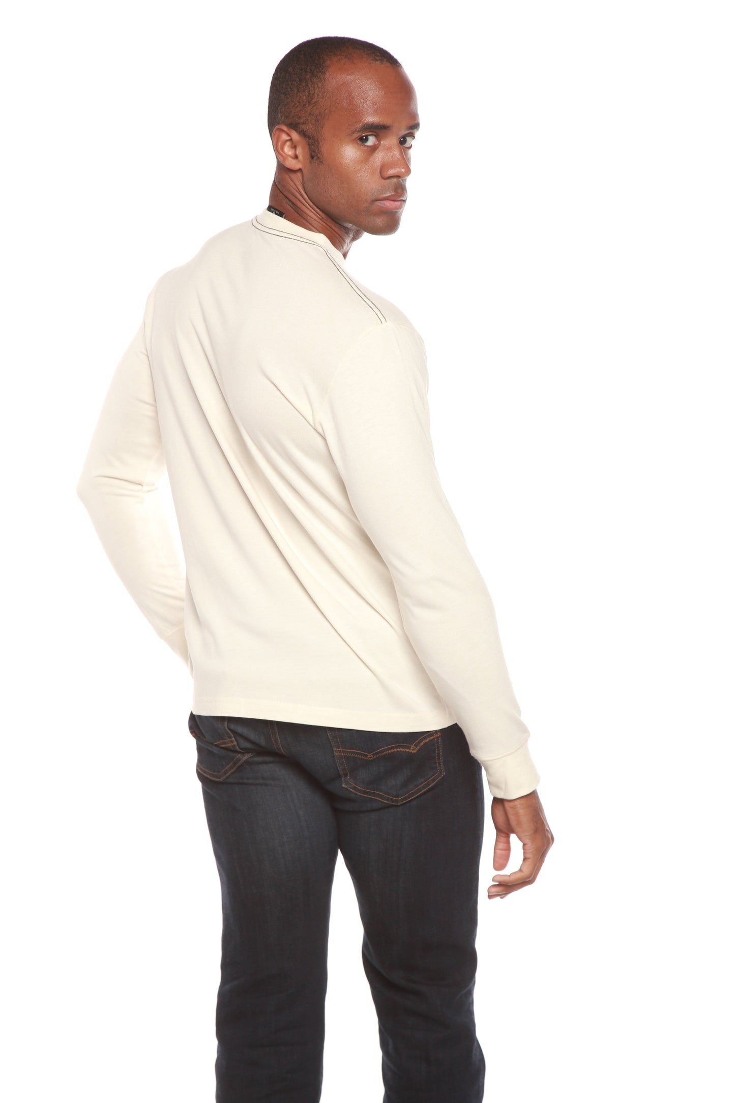 Men's bamboo long sleeve shirt in cream viscose/organic cotton blend, back view with seam detail on Tampa Home & Garden Store
