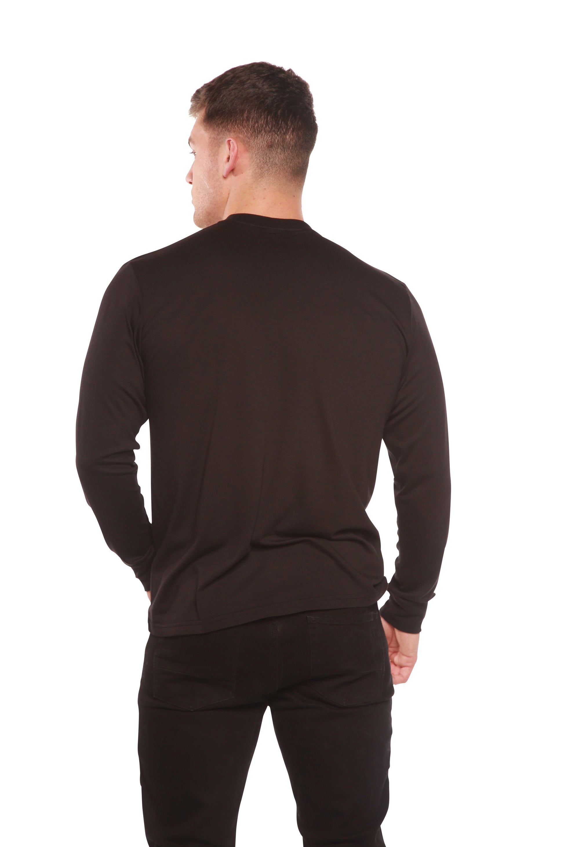 Men's long sleeve shirt in black, plain solid design, back view on Tampa Home & Garden Store