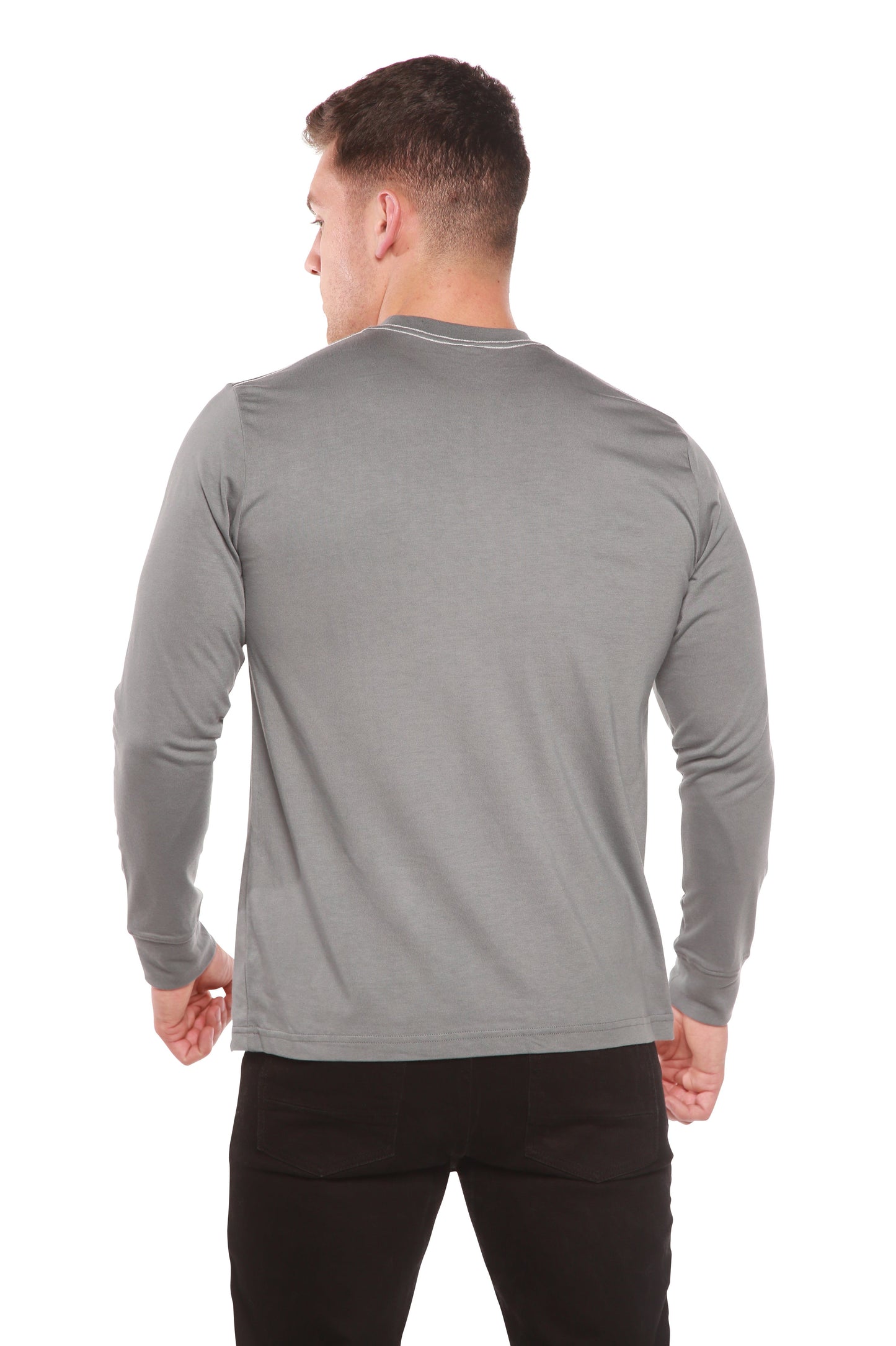 Custom Printed Men's Bamboo Viscose/Organic Cotton Long Sleeve T-Shirt in gray, back view on Tampa Home & Garden Store