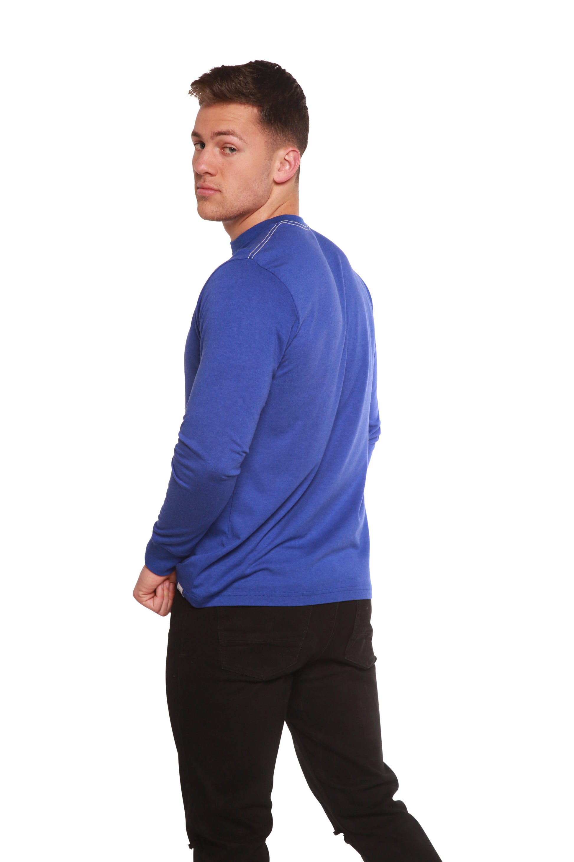 Custom printed blue men's long sleeve shirt by Spun Bamboo in bamboo viscose/organic cotton on Tampa Home & Garden Store