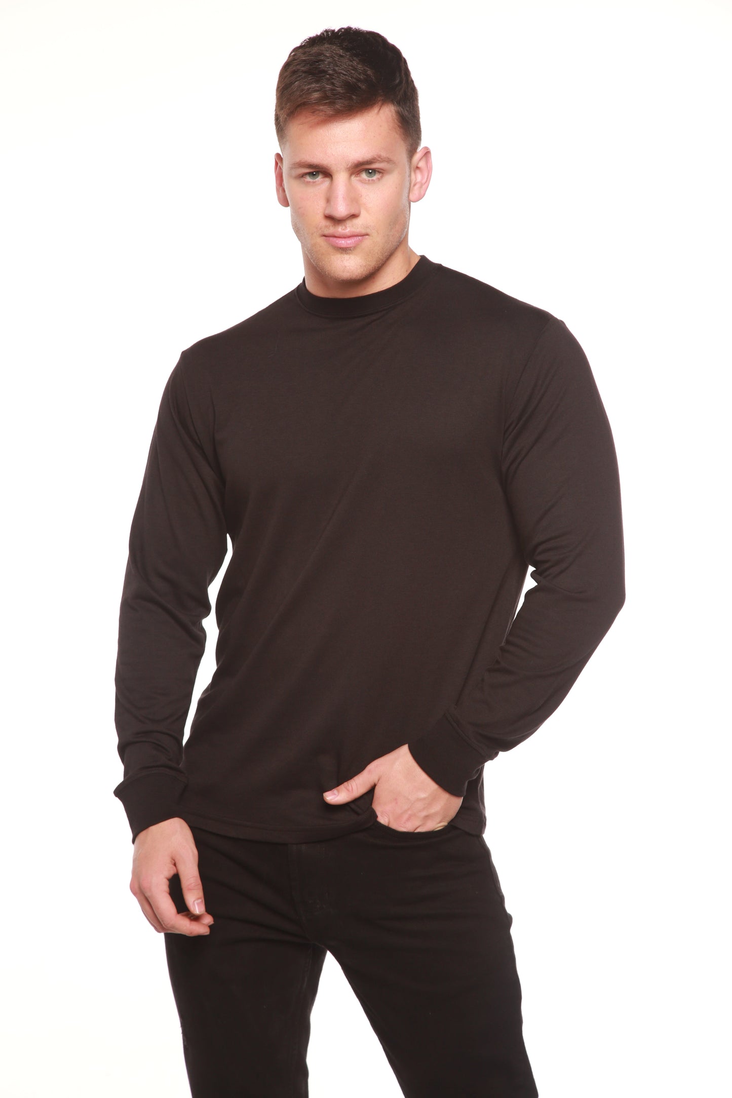 Custom printed men's bamboo long sleeve shirt in black with viscose/organic cotton blend on Tampa Home & Garden Store