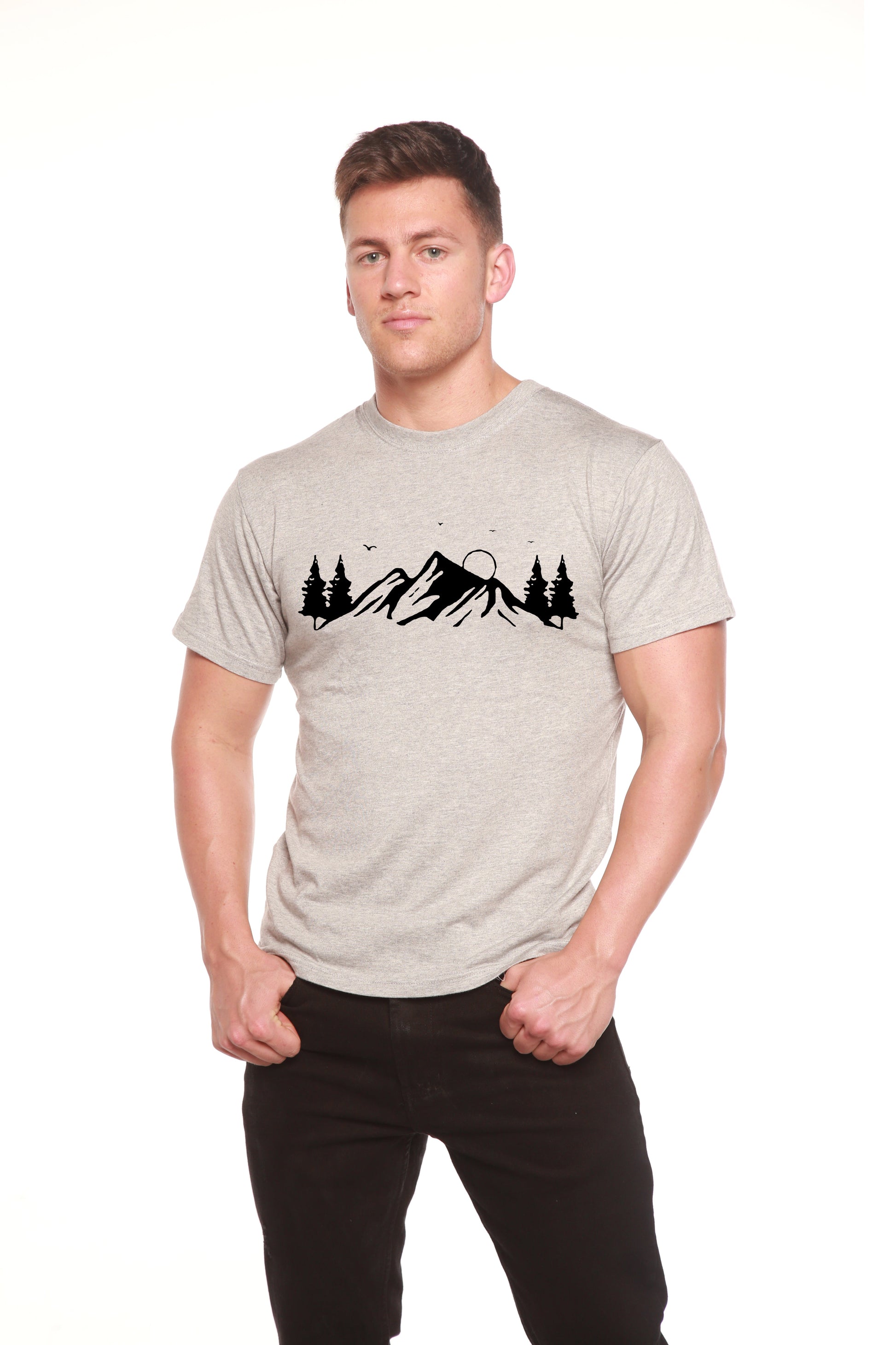 Men's printed T-shirt in gray with Mauna Kea mountain print, bamboo viscose/organic cotton on Tampa Home & Garden Store