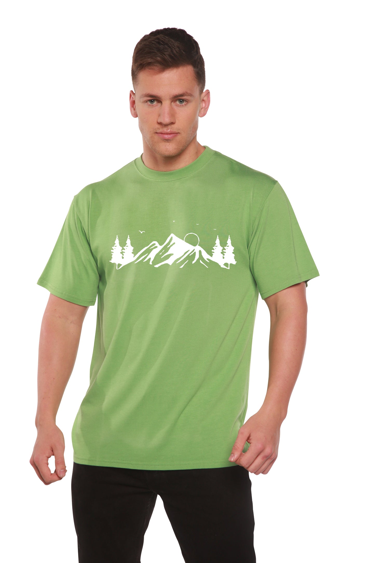 Men's green Spun Bamboo viscose/organic cotton short sleeve T-shirt with Mauna Kea print on Tampa Home & Garden Store