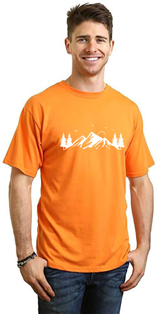 Men's orange short-sleeve printed T-shirt with Mauna Kea mountain print by Spun Bamboo on Tampa Home & Garden Store